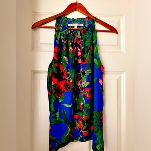 Colorful tank top with accentuated shirred neckline of comfy thin material